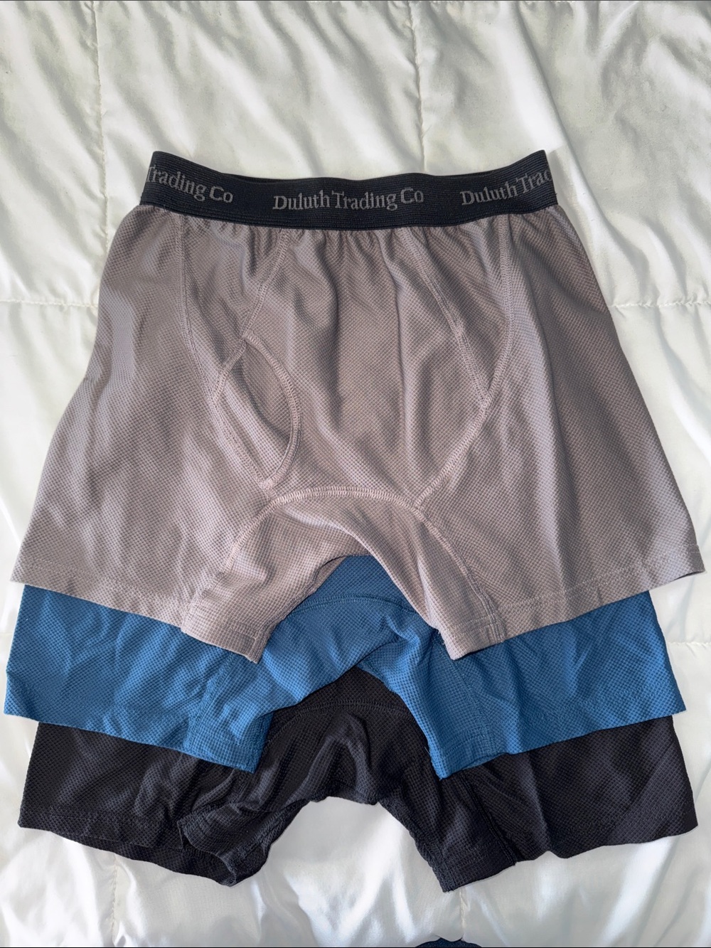 Duluth Trading Co 3-Pack Performance Boxer Briefs in Gray, Blue, Black